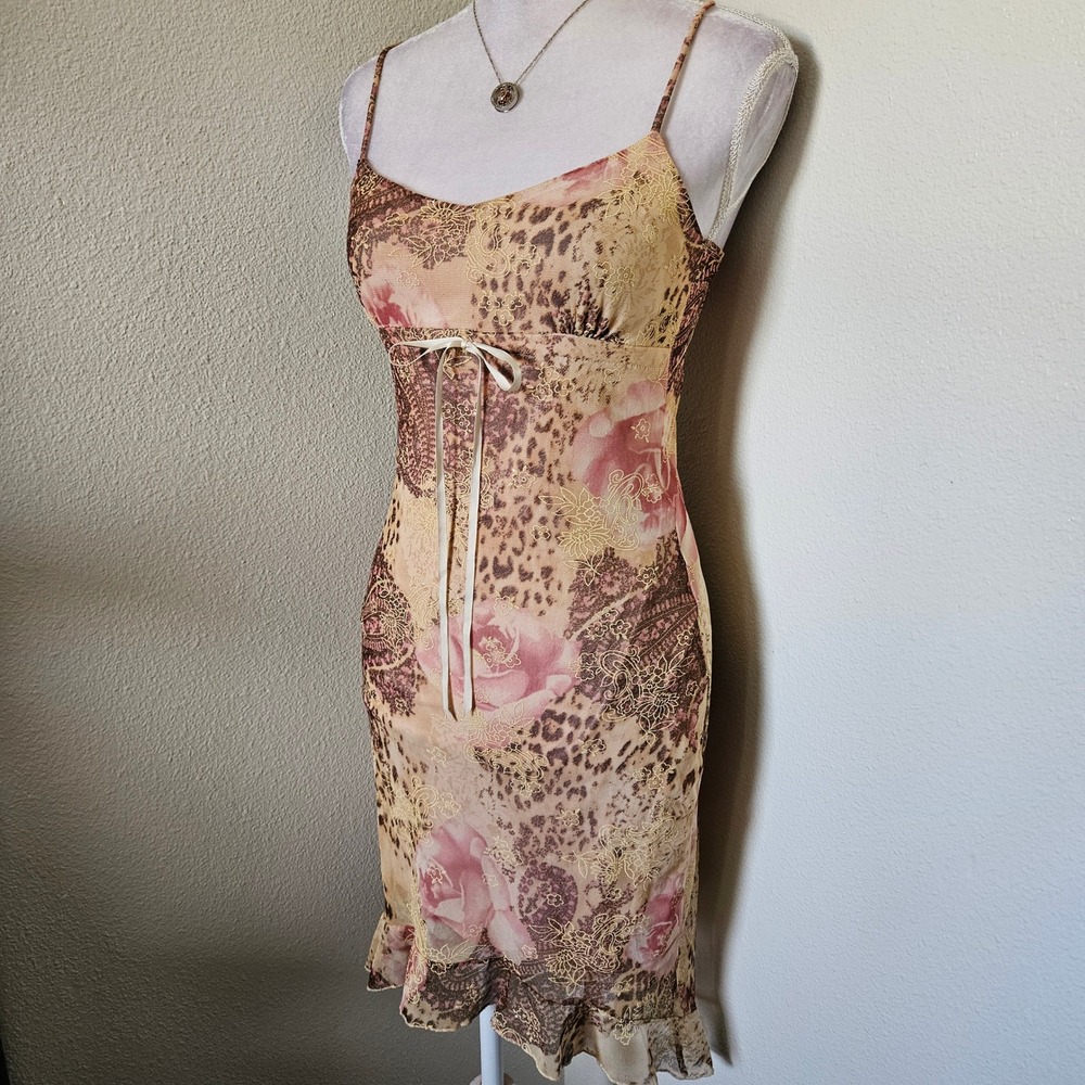 Finesse USA Vintage Y2K Leopard Rose Print Mesh Ruffle Midi Dress